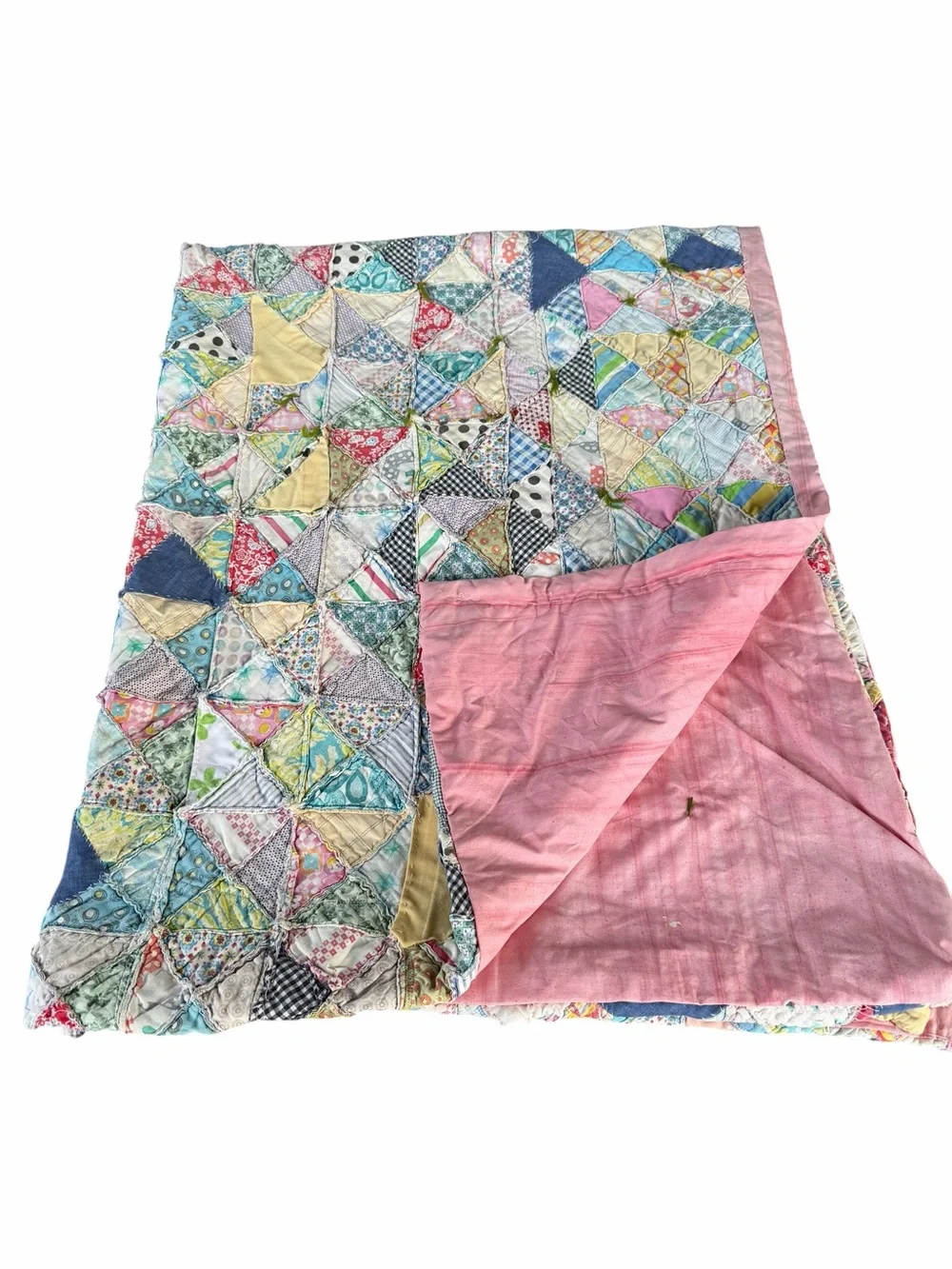 Vintage Scrappy Patchwork Quilt Hand Sewn Feedsack Textured Pastels 53x69 READ
